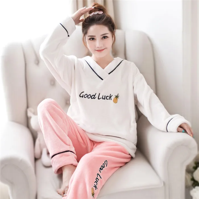 korean Flannel Warm Pajamas for Women Long Sleeve Home Suit Ladies sleepwear Velvet Pajama set Thick Feminino Pants Pyjamas