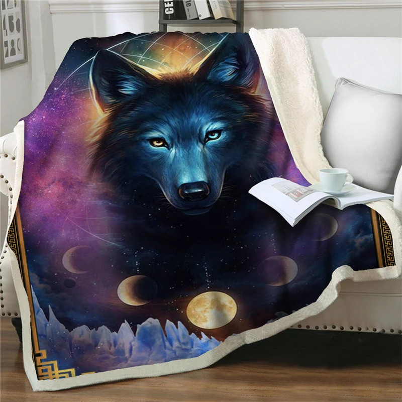 

Dreamlike Wolf 3D Moon Eclipse Print Plush Throw Blanket Sherpa Blankets for Beds Sofa Soft Warm Thick Quilts Cover Nap Beddings