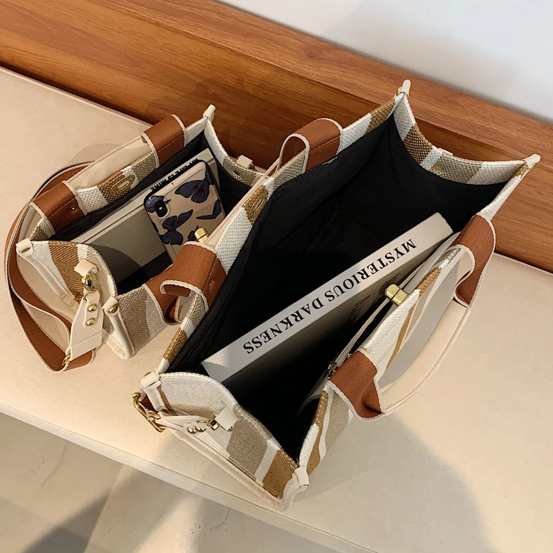 Large Tote Bag Casual Stripe Canvas Handbag For Women Wide Shoulder Strap Bag Female Trendy Texture Shoulder Commuter