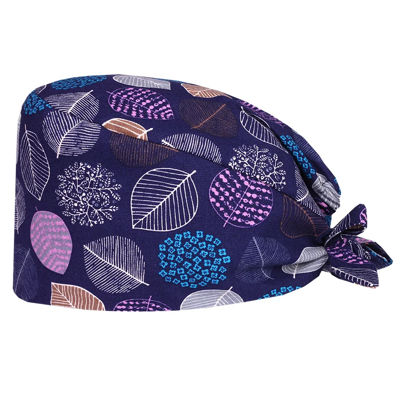 

Leaves Women Men Nurse Surgical Cap Medical Scrub Hat Chef Working Skull Caps 100% Cotton with Sweatband Hospital Tieback Hats
