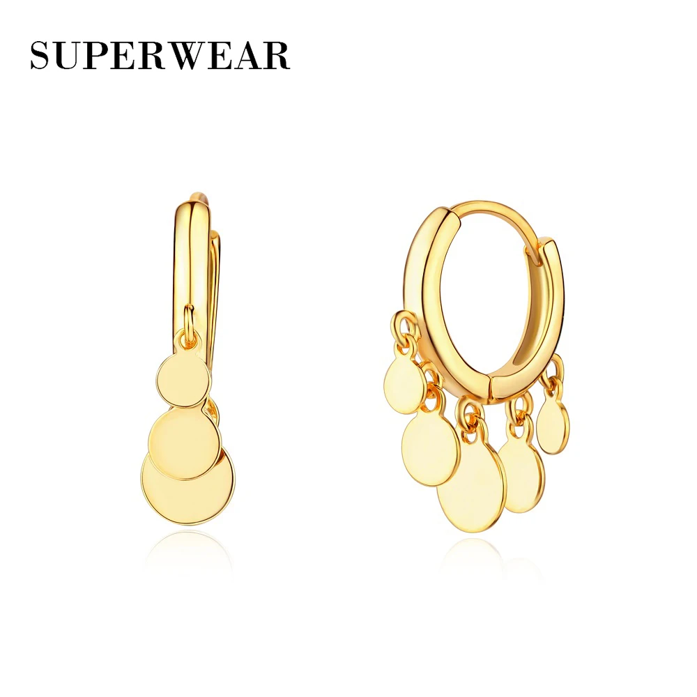 SUPERWEAR Huggie, серьги-кольца с шармом, 925 пробы, серебро, желтое золото, круглые серьги для женщин, богемное, бохо, ювелирное изделие