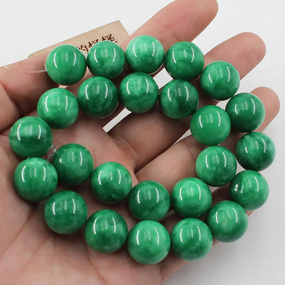 APDGG Natural Stone 14MM Smooth Round Green Jade Nephrite Loose Beads 15.5