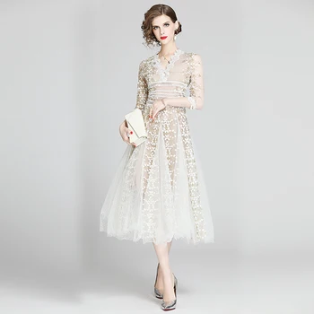 

Newest 2020 High Quality Luxury Runway Designer Party Dress Women Summer Mesh Embroidery Voile Sexy V Neck Long Elegant Dresses