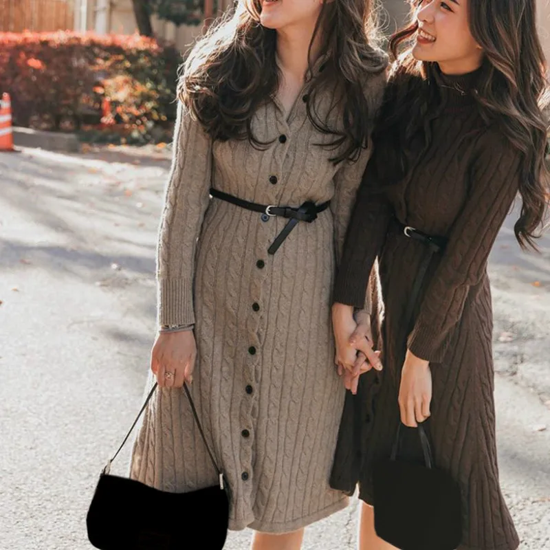 

2020 Casual Solid Women Sweater Dress Autumn Winter Cozy Long Sleeve Button Dress High Street Style Female Knitted Dress