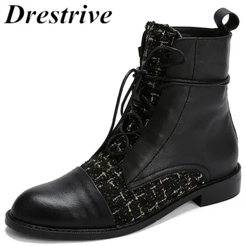 

Drestrive 2019 Full Genuine Leather Low Heel 3 cm Lace Up Women Ankle Boots Cow Leather Patchwork Size 33-44 Winter Female