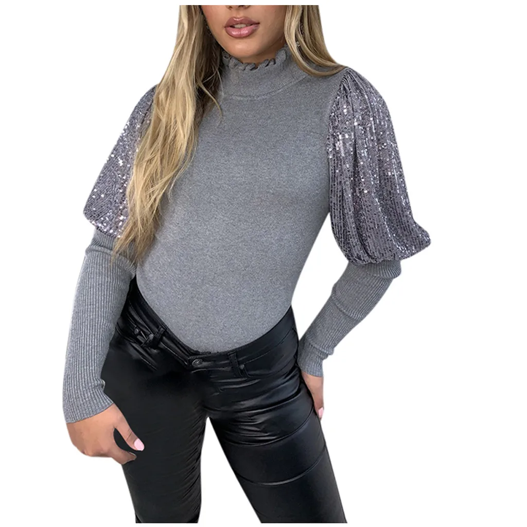Серый Одежда для женщин, ropa mujer, модная женская однотонная водолазка с пышными рукавами, с блестками, в стиле пэчворк, тонкая Повседневная Верхняя одежда для женщин - Цвет: Серый