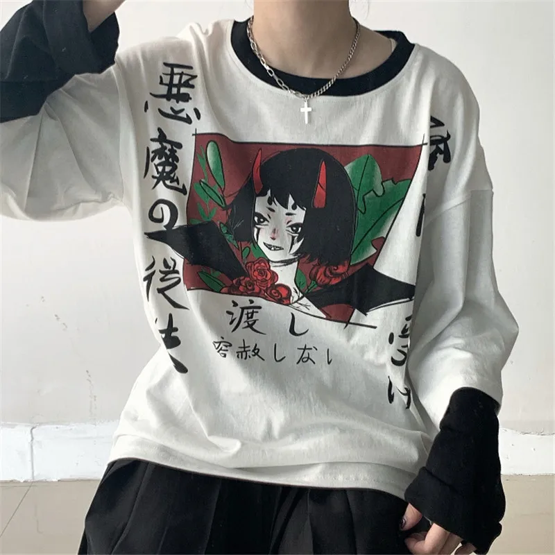 Lychee Harajuku/японская женская футболка с буквенным принтом для девочек, имитация 2 шт., женские пуловеры с круглым вырезом, футболки, повседневные весенние женские футболки, топы