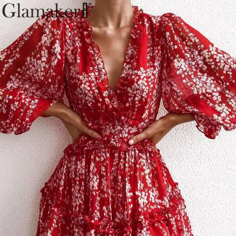 Женское платье с оборками Glamaker Осеннее элегантное вечернее рукавами-фонариками