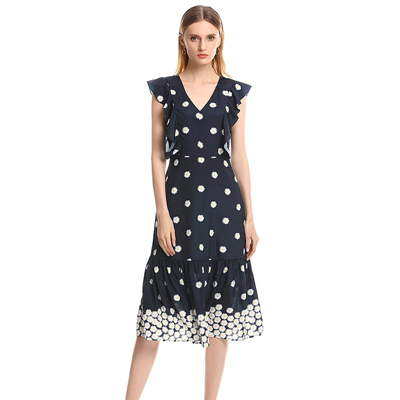 

Sanis 2019 Dress Women Vintage Elegant Cotton Flower Print V-Neck Ruffled Stitching Holiday Casual Floral Dresses Vestidos