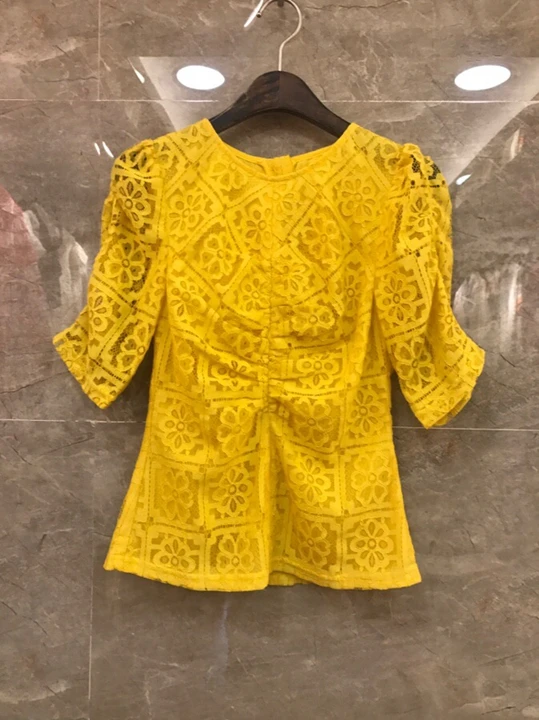 yellow Весна лето Модные топы женские кружевные цветочные узоры короткий рукав плиссированные Повседневные базовые Топы желтые белые розовые синие футболки - Цвет: yellow