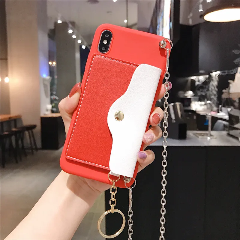 Silver Chain Lanyard Crossbody With Card Pocket Candy Case For Samsung Galaxy A51 A71 A42 A12 5G S20 Fen Edition S20 Ultra Plus