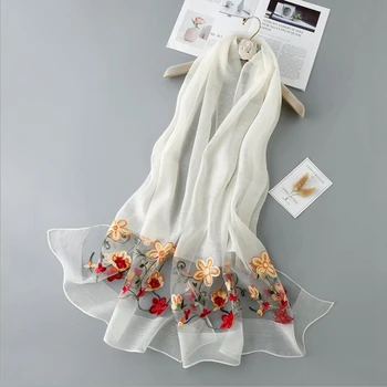 

Summer Tulle Floral Embroidery Evening coat Cape Beach Stoles Silk Feeling scarf women Elegant translucent silk scarf