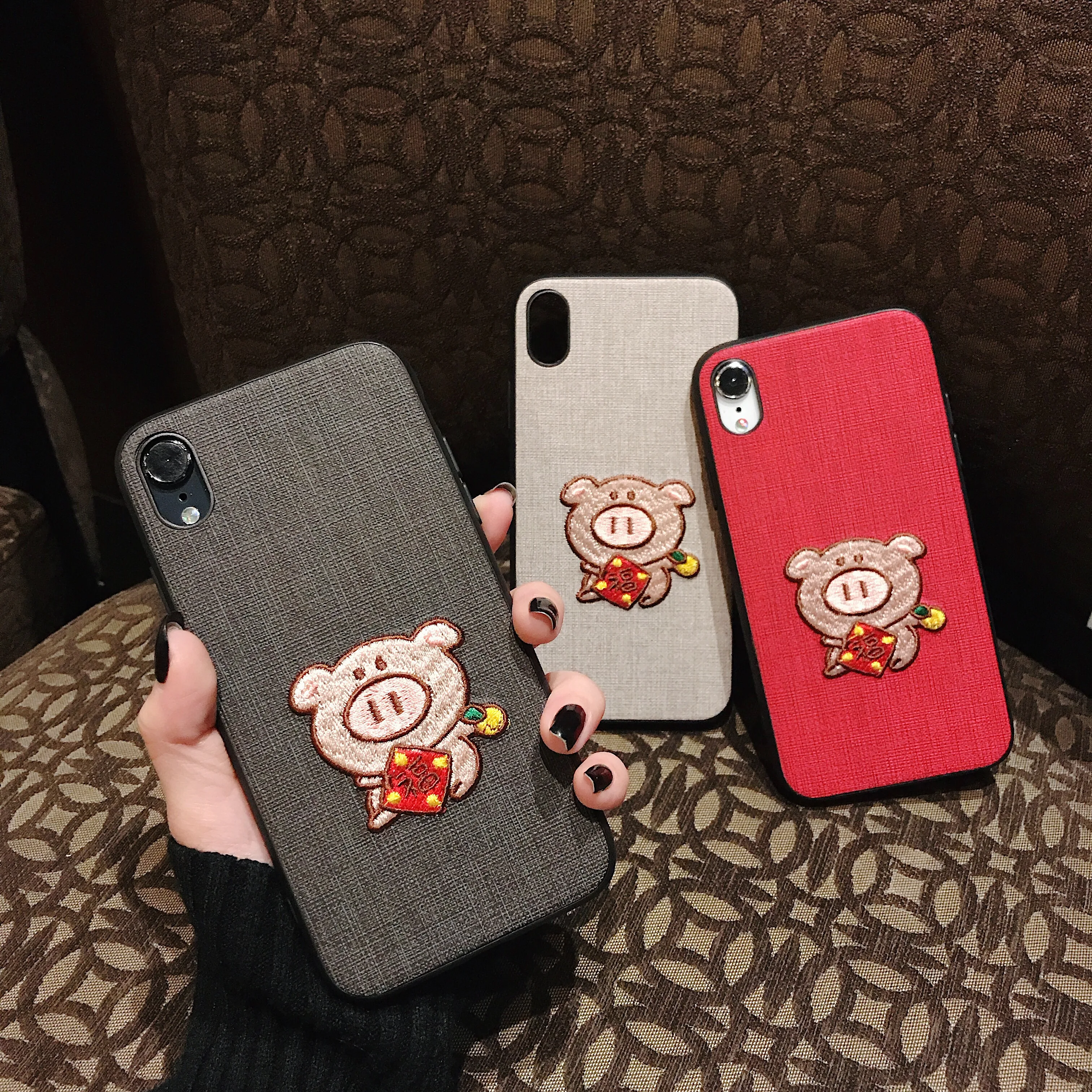 Luxury 3D pig Embroidery Case for iphone XS XR Max Chinese Style Retro Embossed Cover 6 6s 7 8 Plus X Matte |