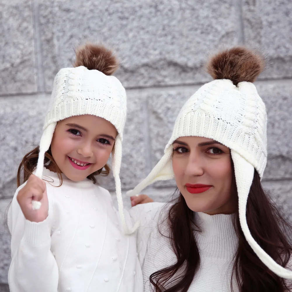 

2 Pack Parent-Child Hat With Braids Winter Baggy Slouchy Beanie Hat Warm Knit Pom Pom Beanie for Women & Baby