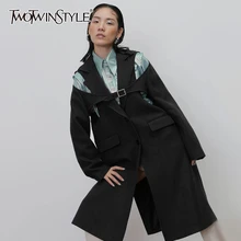 TWOTWINSTYLE, выдалбливают шерстяные пальто для женщин, воротник с лацканами, длинный рукав, высокая талия, тонкие куртки для женщин, модная одежда, новинка