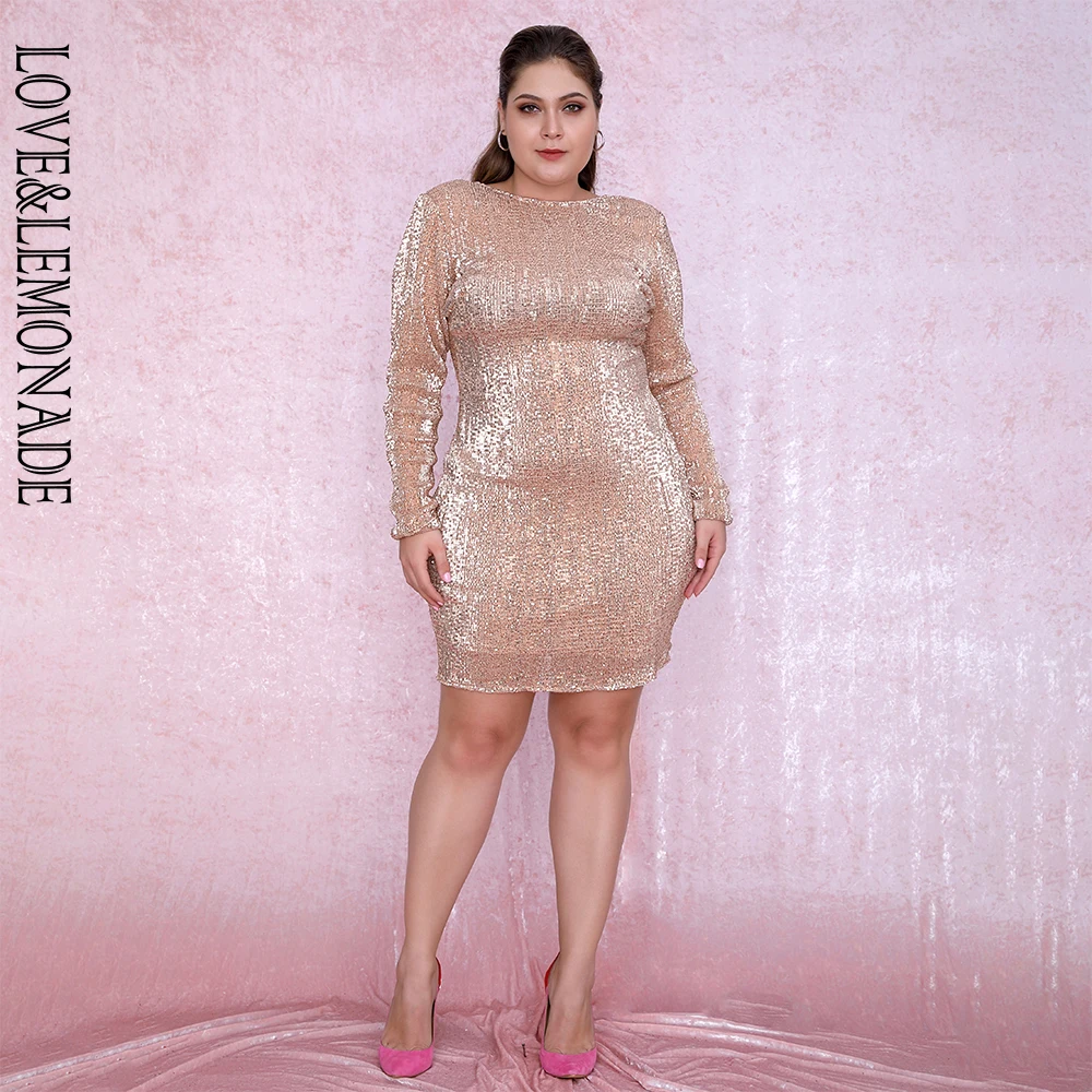 LOVE& LEMONADE размера плюс, розовое золото, круглый вырез, облегающее, открытая спина, эластичные, с блестками, вечерние, мини-платья LM80669PLUS