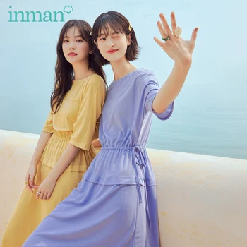 

INMAN 2020 Summer New Arrival Loose Style Dress Artsy Lady Comfortable Material Drawstring Fitness Patchwork Long Dress