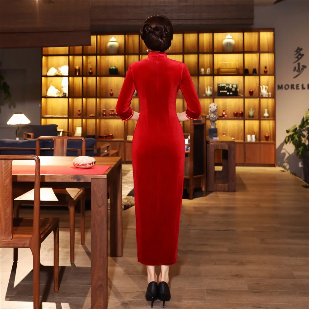 Шанхай история бархат Cheongsam китайское платье вышивка Qipao длинное