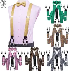 Hi-Tie 38 Colors Silk Men's suspender Set 6 Clips On Men Braces Gold Yellow Red  Blue Green White Floral Vintage Fashion Male