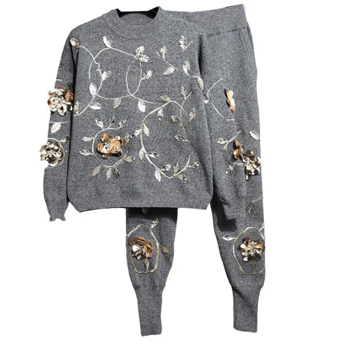 Трикотажные брюки+ топы, комплект одежды, Femme, 2 предмета, Pantalon, тяжелая работа, вышивка бисером, качественный спортивный костюм для женщин