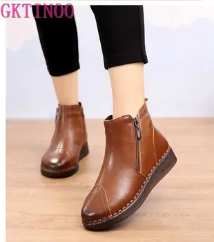 

GKTINOO Winter Boots Women Genuine Leather Flat Ankle Boots Ladies Warm Shoes Woman Comfortable Black Brown Shoes Women Boots