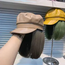 Chapeau en pu à la mode, patchwork de faux cheveux, chapeau octogonal de service de dame, visières de loisirs pour femmes 