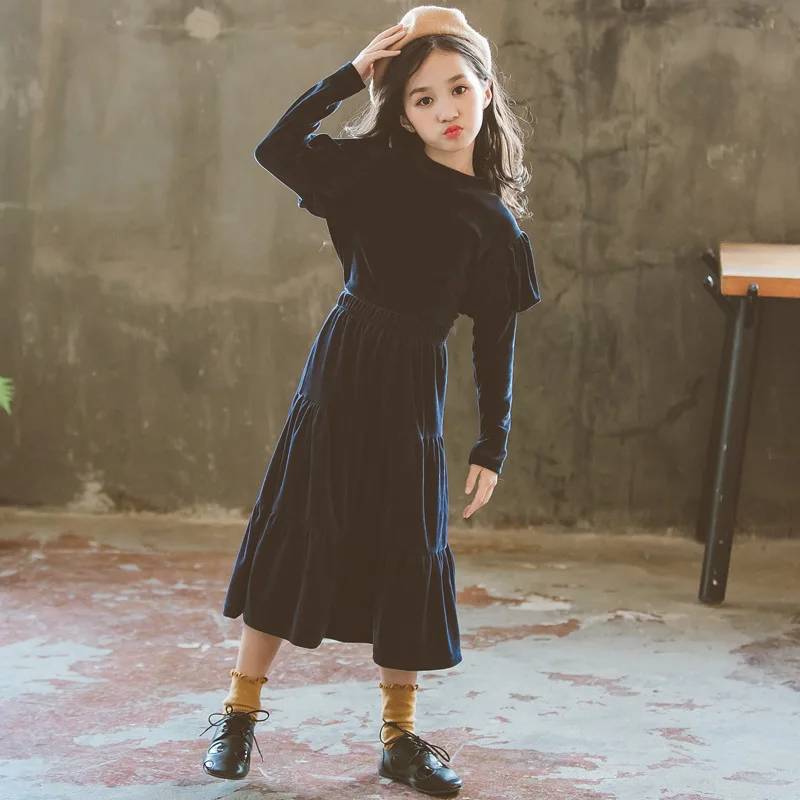 Платье для девочек коллекция года, осенне-зимние хлопковые платья для девочек детское черное повседневное милое платье для отдыха для мамы и дочки 8, 10, 12 лет