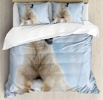 

Zoo Duvet Cover Set Portrait of Large White Polar Bear on Ice Claws Antarctica North Outdoors Decorative 3 Piece Bedding Set