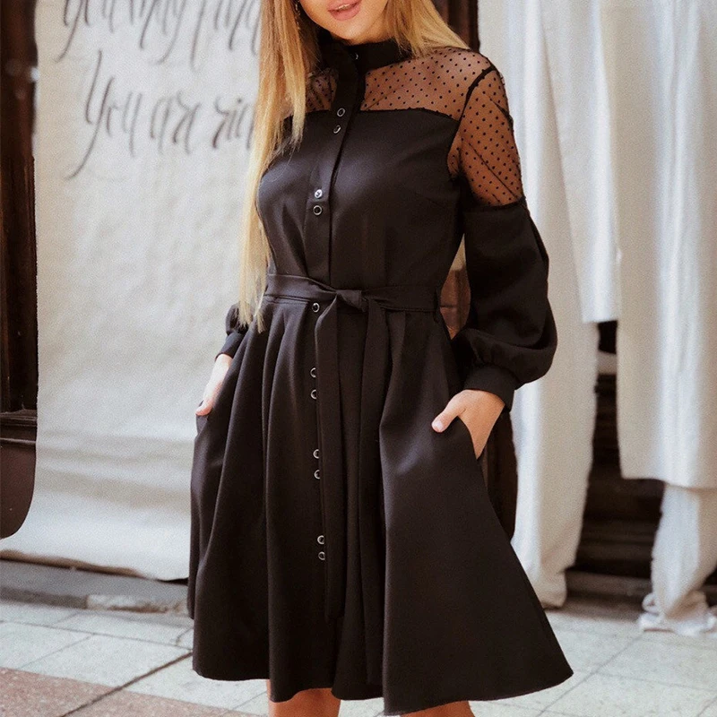 Cena Kobiety koronka w stylu vintage Patchwork linia Party Dress Ladies długi rękaw bufka moda sukienka do pracy biurowej 2019 zima sukienka do kolan pas