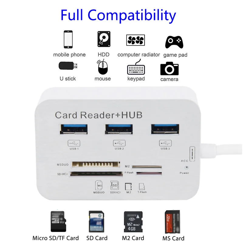 Многофункциональный SD/MMC Micro SD MS/PRO/Сера DUO M2/Флеш-карты памяти TF картридер USB концентратор с верхом, комбо, высокий обзор Скорость 3 Порты и разъёмы USB 3,0 считыватель карт OTG концентратор