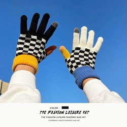 Women Girls Men Knitted Plaid Touch Screen Korean Style Gloves Mittens Fashion Student Thick Wool Warm Winter Autumn Gloves