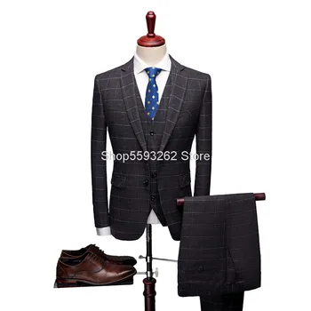 

Men Grid Suit Three-piece Set Male Slim Fit Business Leisure Marriage Suit Suit