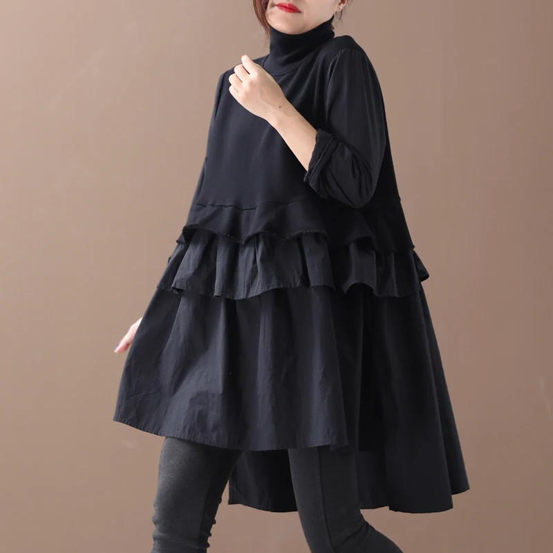

[EWQ] 2019 spring autumn new pattern turtleneck collar long sleeve black patchwork pullvoers high street dress women PA00101