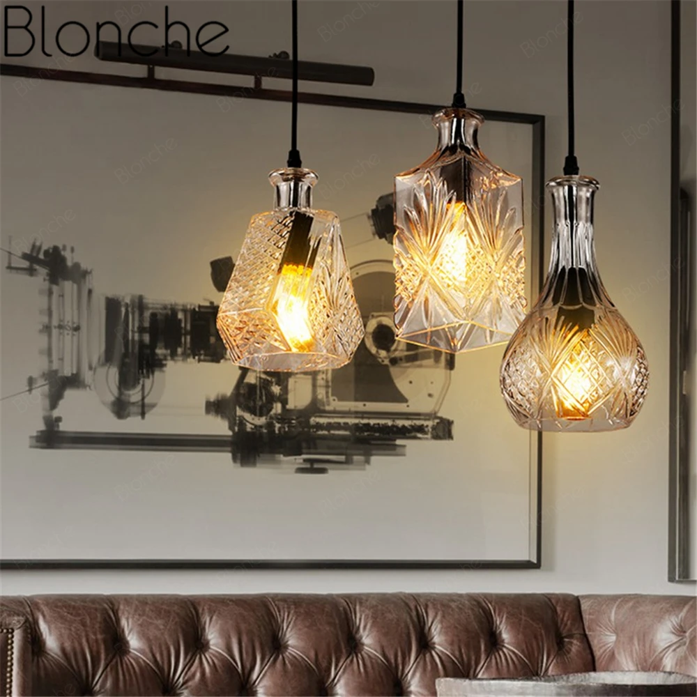 Wine Bottle Pendant Lamp Glass Hanging Light Retro E27 for Living Room Bedroom Kitchen Home Decor Lighting Industrial Fixtures