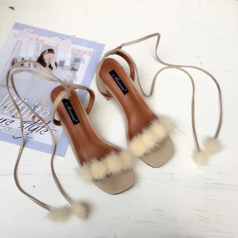 

2018 New Style Summer Style Natural Wool Pom Pom Semi-high Heeled Chunky-Heel Bandage Cloth WOMEN'S Sandals