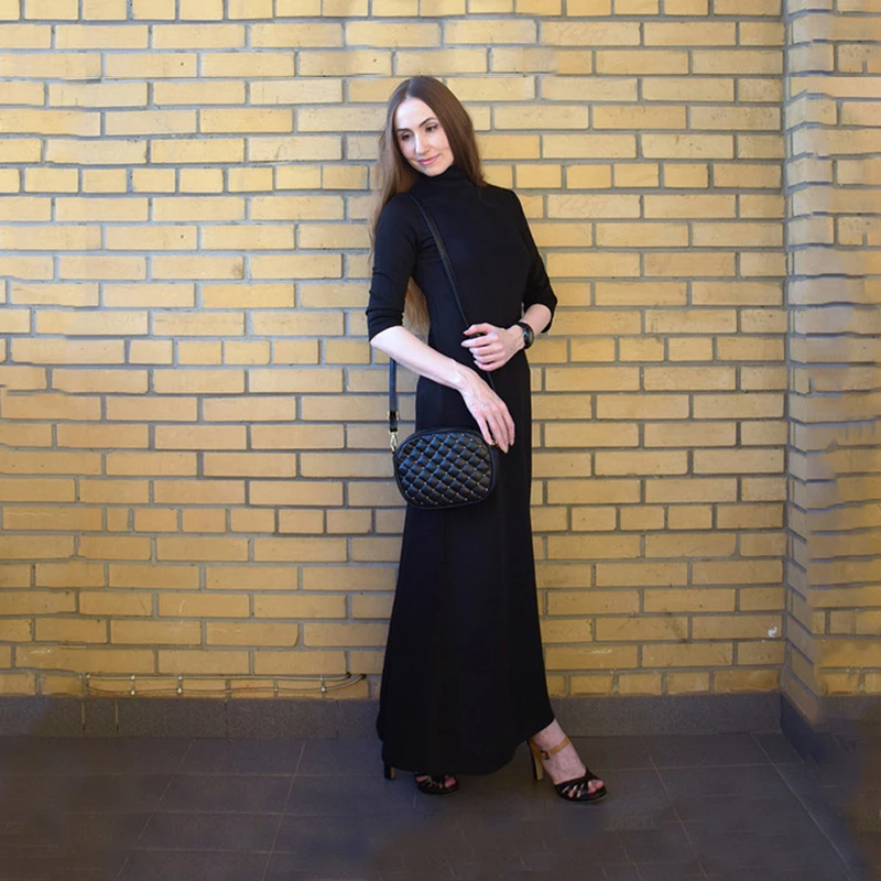 Женская мода размера плюс Макси платье Асимметричный западный стиль Водолазка пуловер стрейч повседневное Черное Трикотажное длинное платье