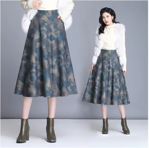 Новинка, осенне-зимняя элегантная винтажная длинная юбка для офисных леди, шерстяная юбка с высокой талией и принтом, женские юбки трапециевидной формы, fw627