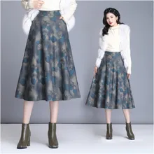 Новинка, осенне-зимняя элегантная винтажная длинная юбка для офисных леди, шерстяная юбка с высокой талией и принтом, женские юбки трапециевидной формы, fw627
