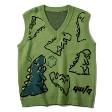 

Dinosaur sweater men Cartoon knitted Sweater Vest Couple Tops Men Sleeveless V-Neck Vintage Tank Pullover Streetwear men