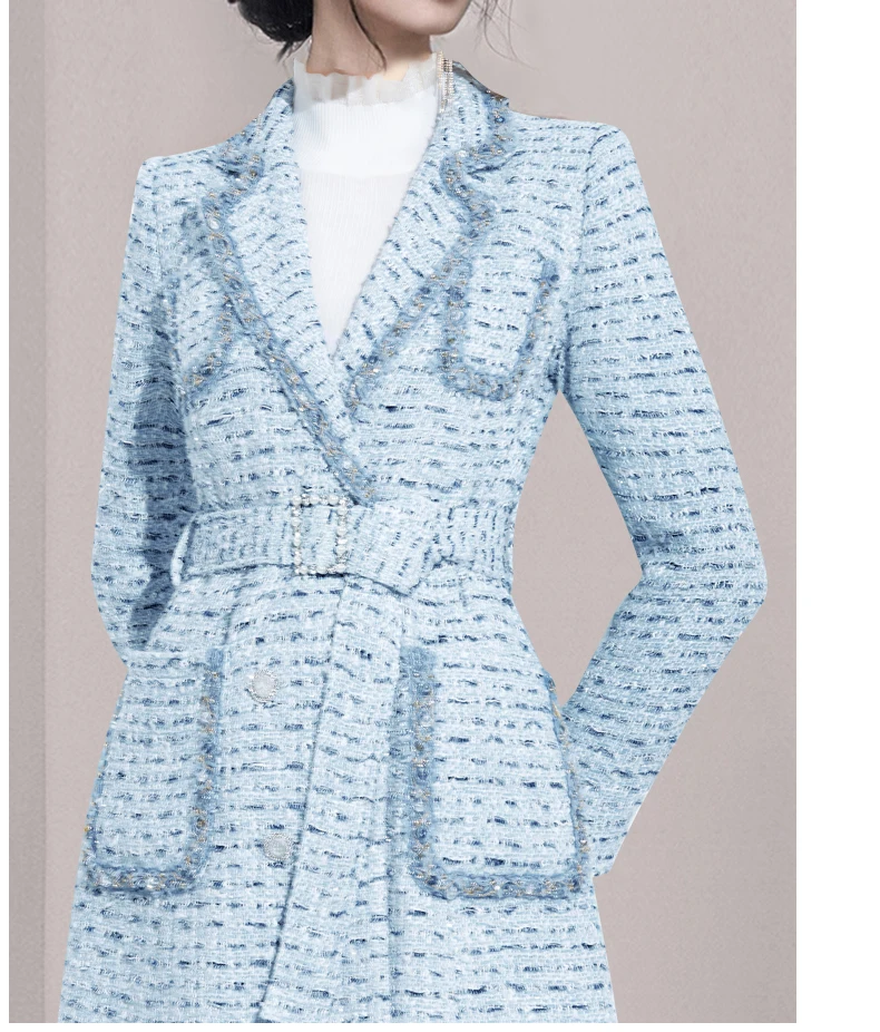 Fashion Blue Small Fragrant Wind Tweed Women Blazer Coat 2022Winter New Jackets Office Lady Temperament Suit Woolen Coat + Belt women's down coats & jackets