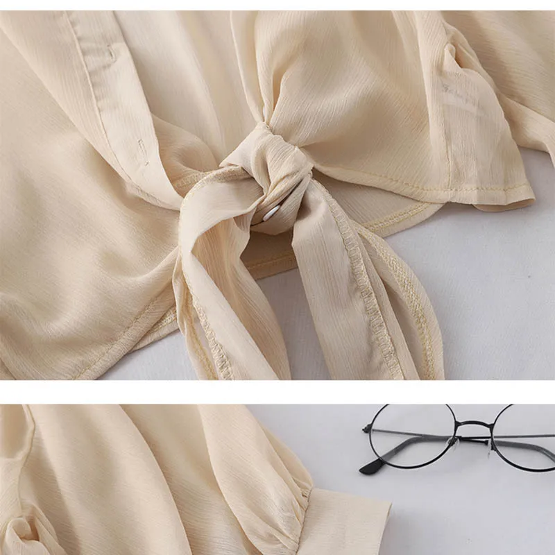 HELIAR Lantern Sleeve Chiffon Shirts Women 2020 Summer Buttoned Up Shirt Long Sleeve Blouse Tied Waist Elegant Women Blouses