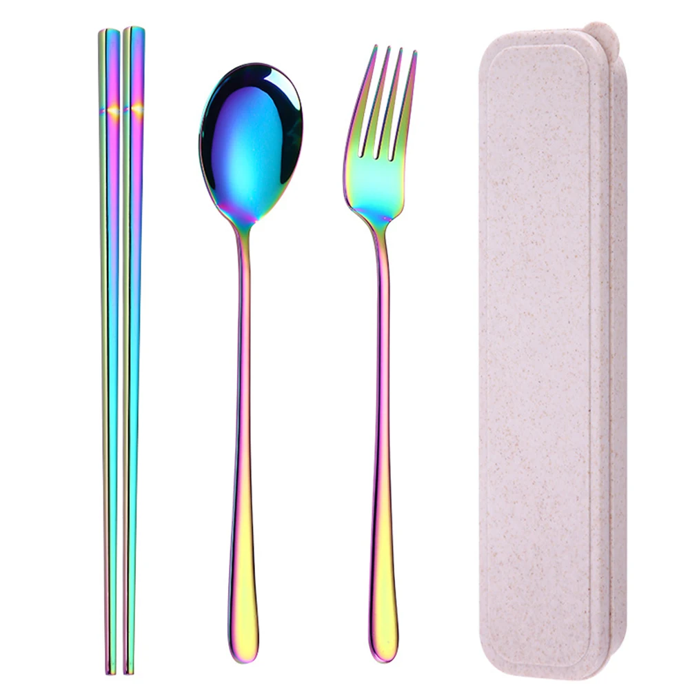 multicolor 4 шт. набор столовых приборов для школы и дома на открытом воздухе для кемпинга студентов из нержавеющей стали азиатские палочки для еды Ложка Вилка для офиса путешествия утолщенная с чехлом - Цвет: multicolor