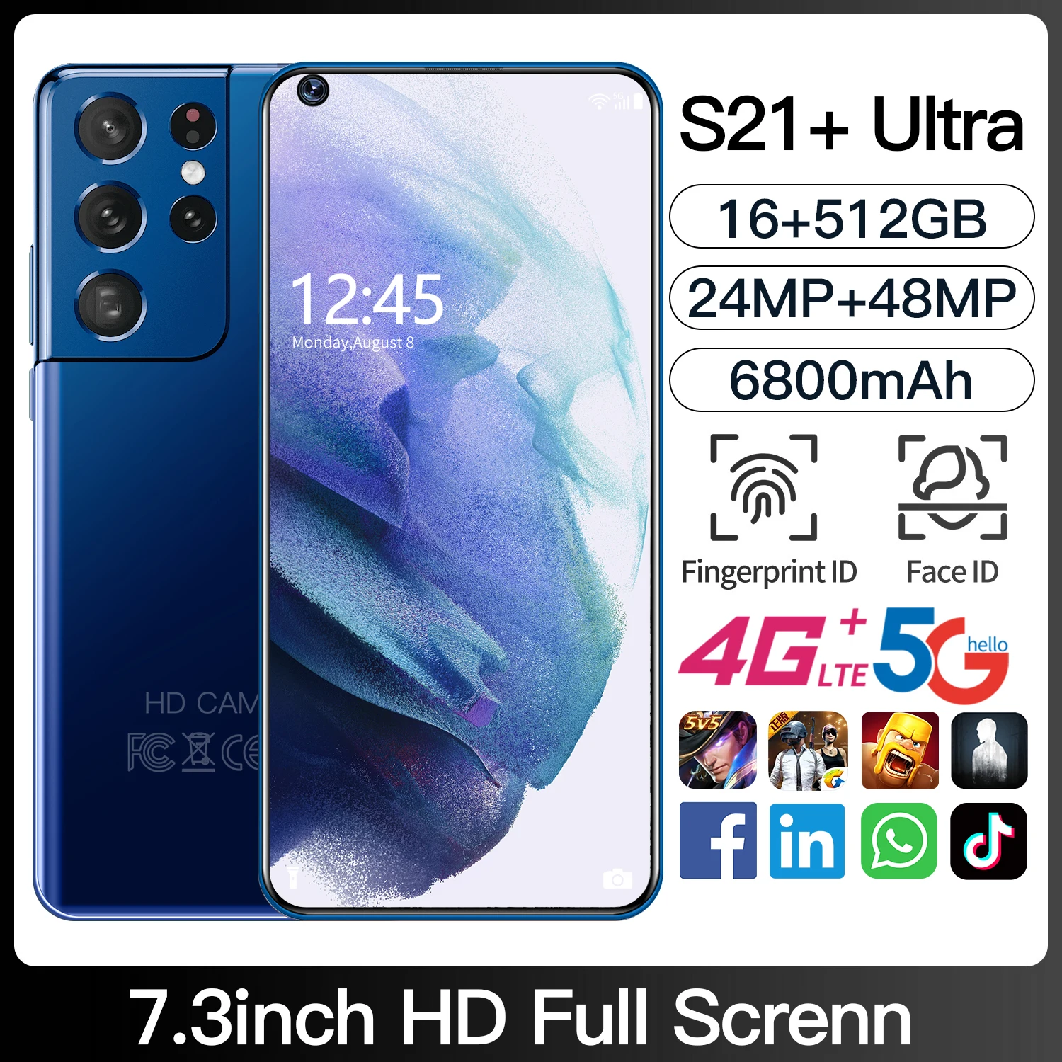Dual SIM S21+ Ultra Cellphone 7.3inch 10 Core 6800mAh 16+512GB Support Face ID Fingerprint Unlock 4G 5G Tide Network Smartphone