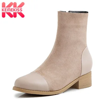 

KemeKiss Women Ankle Boots Fashion Warm Winter Shoes Women Patchwork Round Toe Solid Color Casual Female Footwear Size 31-43