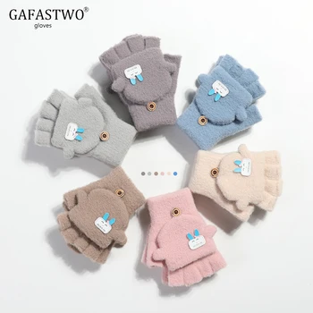 

Autumn And Winter Childrens Gloves Knitted Cute Plus Velvet Warm Mittens Windproof And Freezing Cartoon Half Finger Flip Gloves
