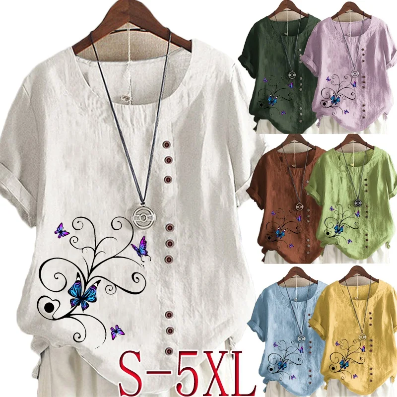 

Women's New Fashion Summer Flower Butterfly Printed Round Neck Short Sleeve T-shirt Casual Loose Blouse Tops Plus Size