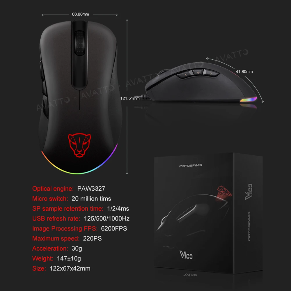 Motospeed V100 Профессиональный Марко определяемый 6200 DPI RGB Оптическая Проводная