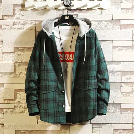 Yellow Hooded Check Shirts Men Spring Autumn Green Long Sleeve Plaid Camisa Hombre Casual Shirt Large Size 5XL AA50CS |