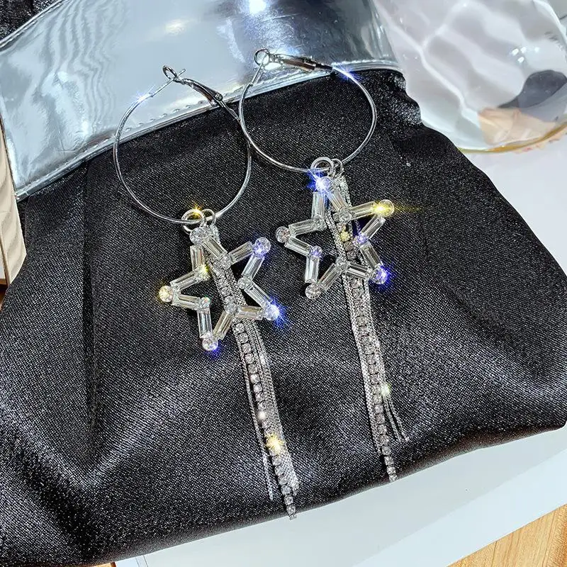 Новая Мода Нежный Хрусталь звезда темперамент длинные металлические кисточки преувеличенные женские сережки с подвесками творческие ювелирные изделия - Окраска металла: silver