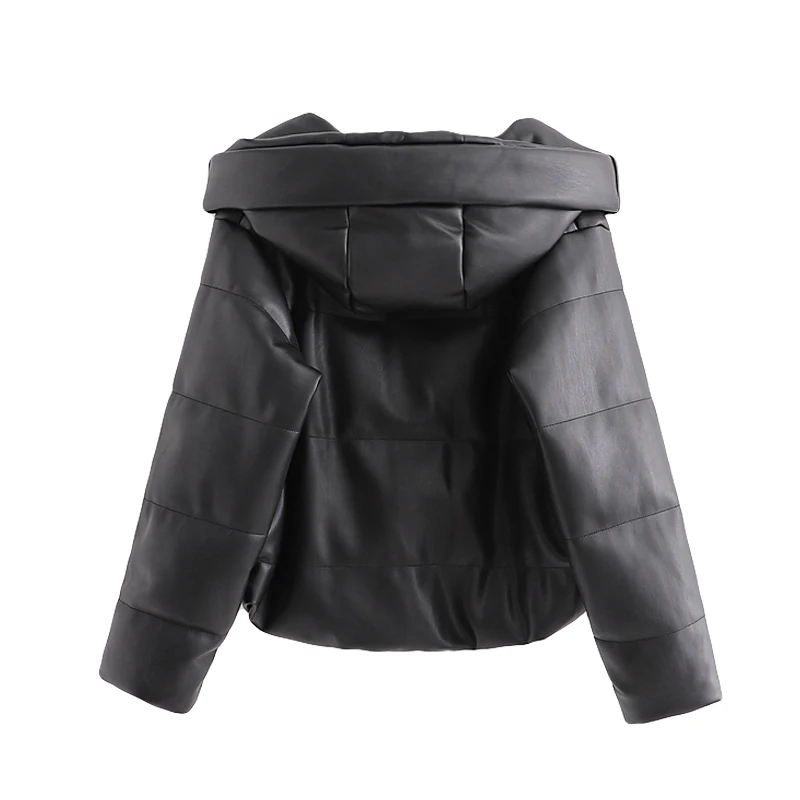 Корейская зимняя куртка женская кожаная куртка kawaii черная парка Пузырьковые куртки с капюшоном укороченная кожаная куртка-пуховик для женщин